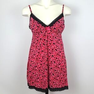 La Senza Pink Chemise Slip Dress Hot Pink Small  Floral Print Lace Trim Sz Large